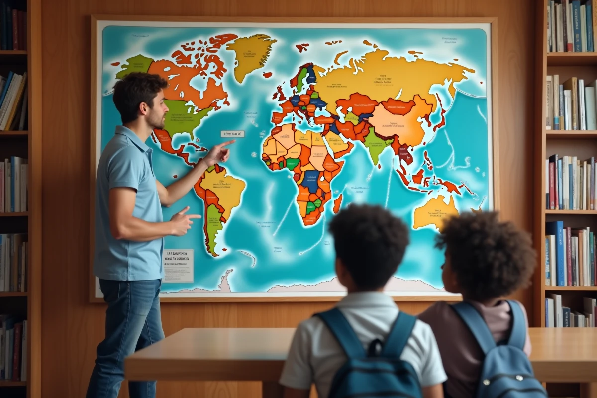 Jeune pointant une carte du monde dans une bibliothèque