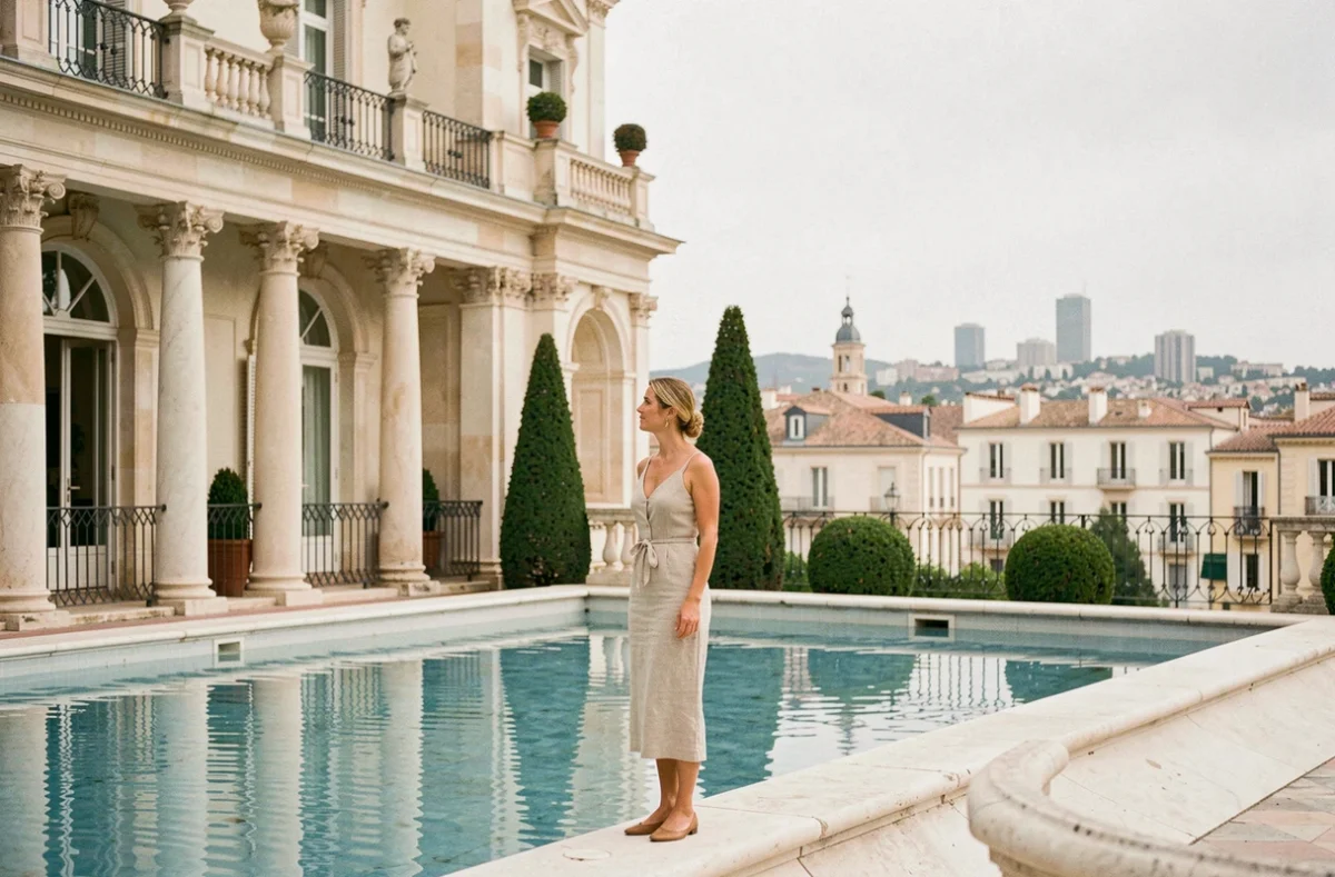 Piscine raffinée de la Maison Albar L'Imperator à Nîmes avec architecture Belle Époque et femme en robe de lin