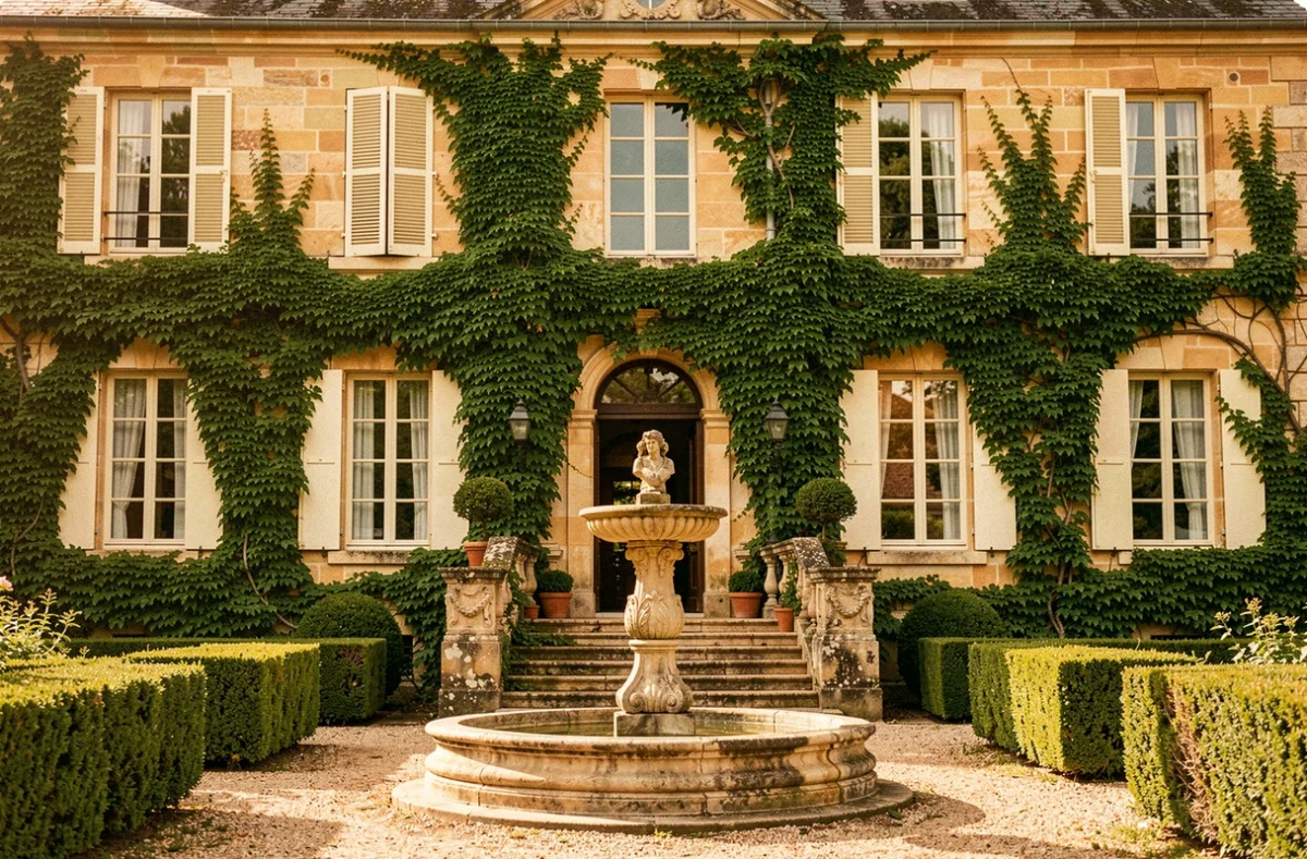Façade du Manoir de Surville, hôtel et spa normand avec fontaine en pierre et jardins soignés