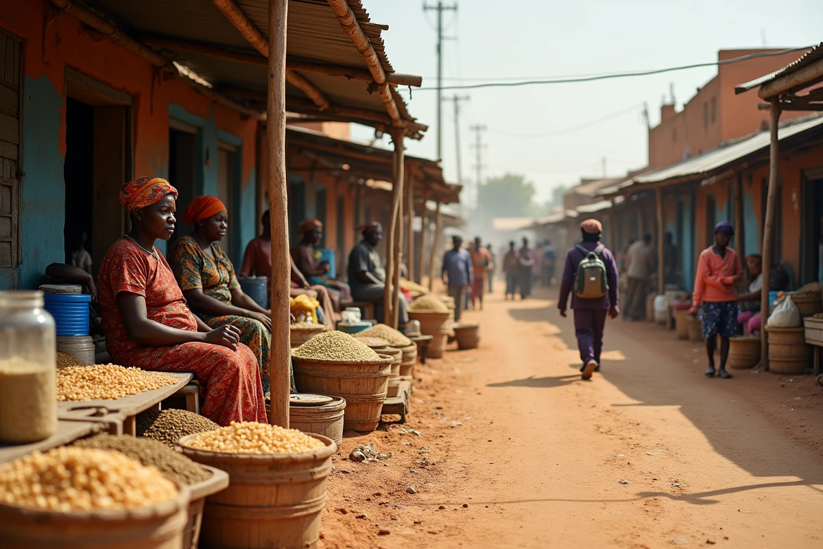 Marché local animé à Koriom au Soudan du Sud avec des vendeurs en tenues traditionnelles colorées et des voyageurs internationaux parcourant les étals