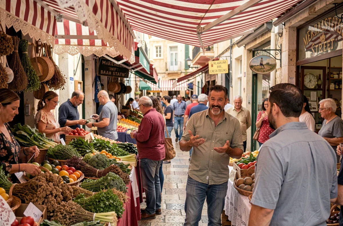 Marché local animé dans le quartier commerçant de La Valette à Malte avec des étals de produits frais et de dentelle maltaise traditionnelle