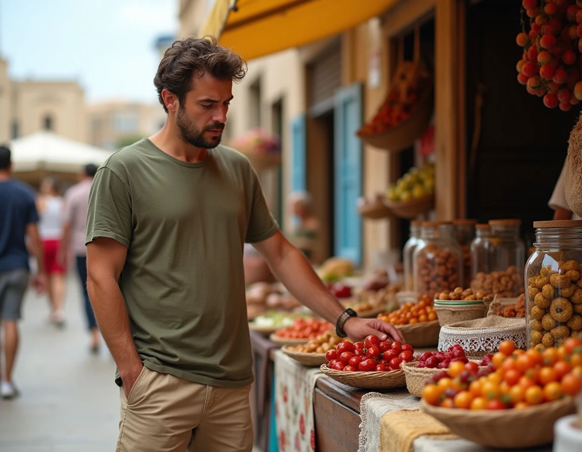 Homme parcourant un marché de rue maltais à Marsaxlokk avec des bateaux luzzu colorés et des produits locaux en arrière-plan