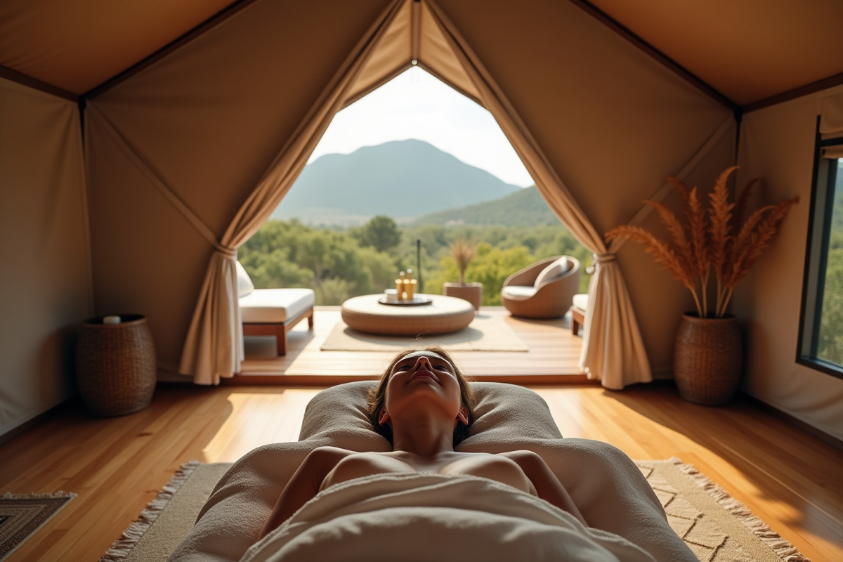 Jeune femme recevant massage dans tente safari haut de gamme