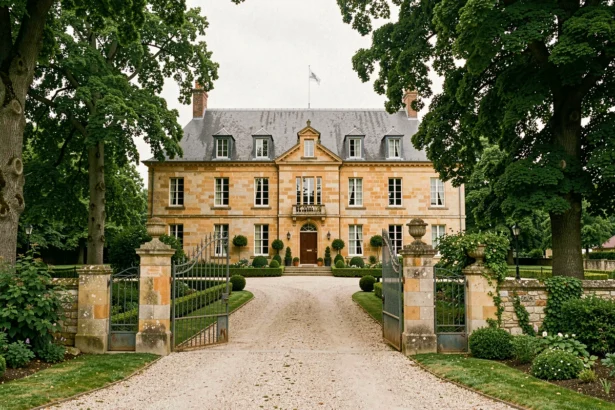 Vue d'ensemble d'un manoir normand en pierre avec jardin verdoyant dans l'Eure, représentant les meilleurs hôtels de la région