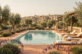 Piscine extérieure luxueuse dans un hôtel d'Occitanie entourée de végétation méditerranéenne et de collines calcaires