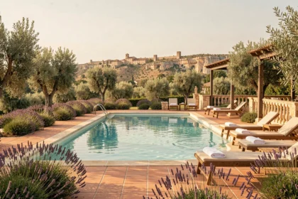 Piscine extérieure luxueuse dans un hôtel d'Occitanie entourée de végétation méditerranéenne et de collines calcaires