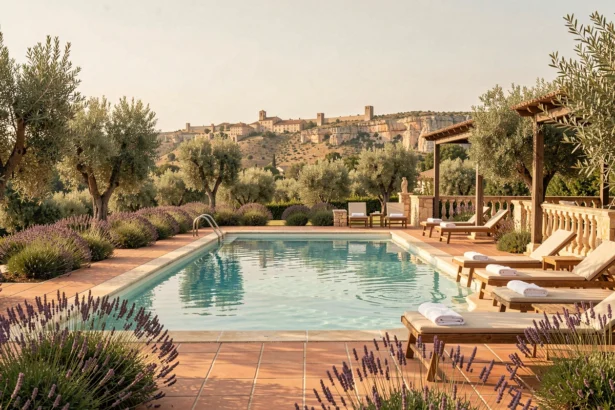 Piscine extérieure luxueuse dans un hôtel d'Occitanie entourée de végétation méditerranéenne et de collines calcaires