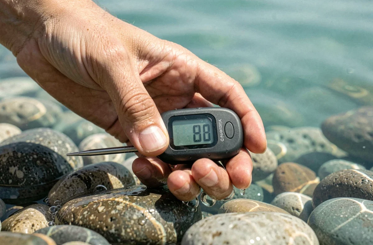 Mesure de la température de l'eau de mer avec un thermomètre sur une plage de Nice