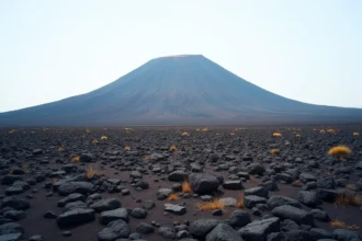 Panorama du mont Etna en Sicile avec champ de lave solidifiée et panache de gaz volcanique au sommet