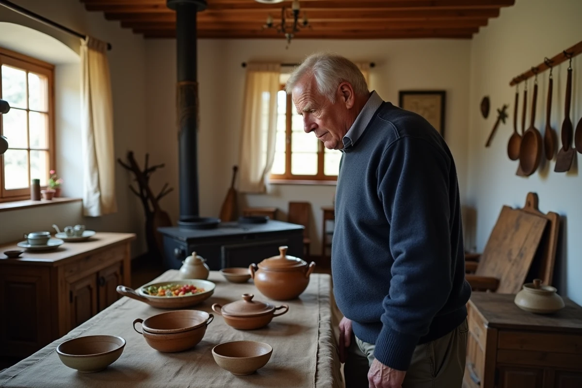 Visiteur observant la reconstitution d'une cuisine picarde traditionnelle au musée Picarvie de Saint-Valery