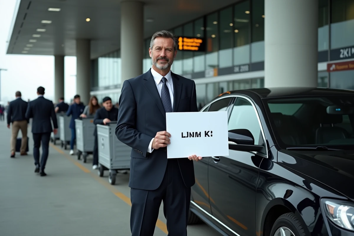 Chauffeur en costume noir tenant une pancarte devant une berline noire à l'arrivée de l'aéroport JFK de New York
