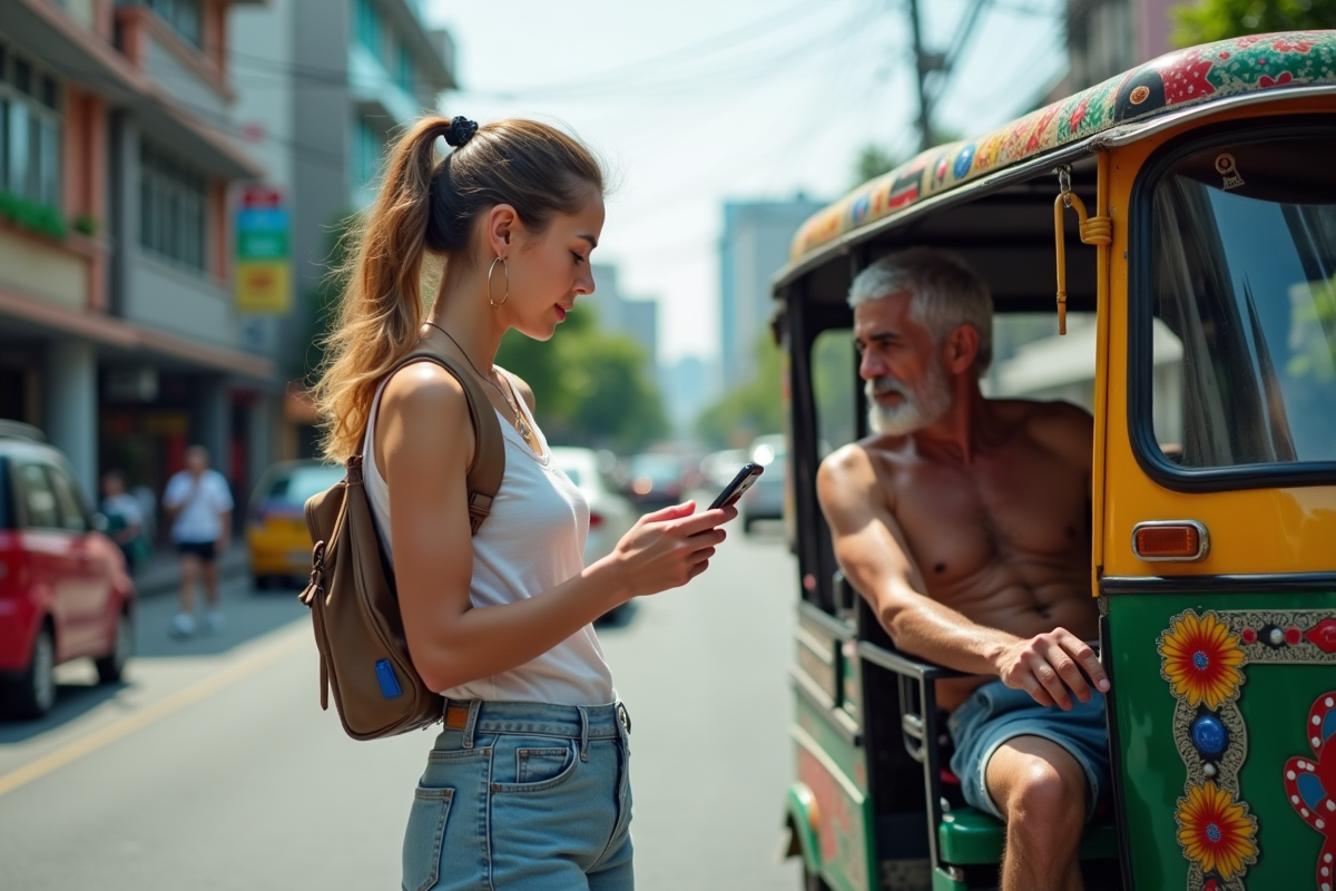 Jeune touriste négociant avec un chauffeur de tuk tuk en ville