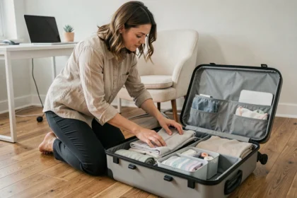 Femme digital nomad organisant ses vêtements en rouleaux dans une valise cabine ouverte sur un parquet en bois, avec des cubes de rangement colorés
