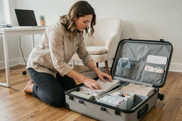 Femme digital nomad organisant ses vêtements en rouleaux dans une valise cabine ouverte sur un parquet en bois, avec des cubes de rangement colorés