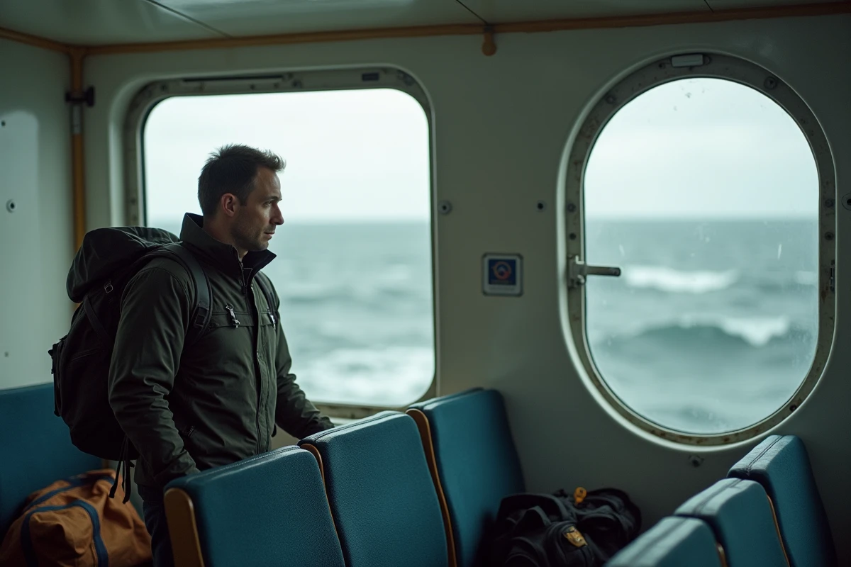Passager regardant par le hublot du ferry pendant la traversée entre Lorient et l'île de Groix en mer d'Iroise