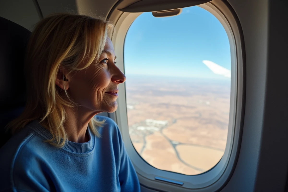 Passagère regardant par le hublot d'un avion survolant le désert entre Los Angeles et Las Vegas
