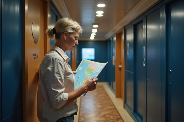 Femme d'âge moyen lisant un plan de croisière près des toilettes