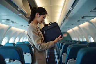 Femme plaçant son bagage cabine dans l avion