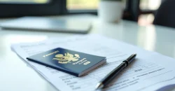 Passeport français et formulaires de visa américain sur une table