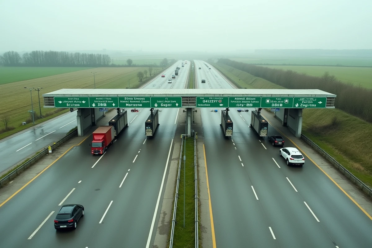 Vue aérienne d'un péage d'autoroute en Normandie avec signalisation routière française
