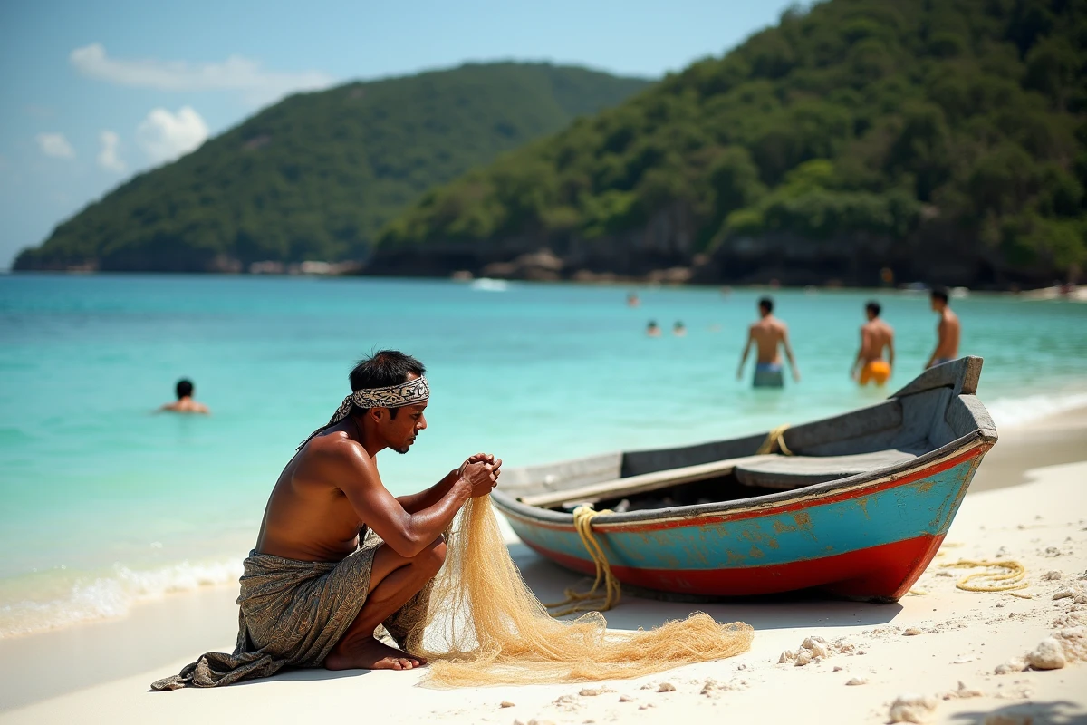 Pêcheur balinais réparant ses filets sur la plage de Padangbai avec des snorkeleurs en arrière-plan