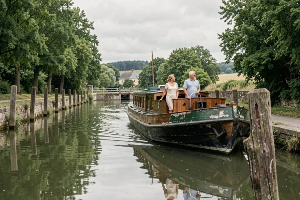 Couple sur une péniche naviguant sur le canal de Bourgogne entouré de verdure