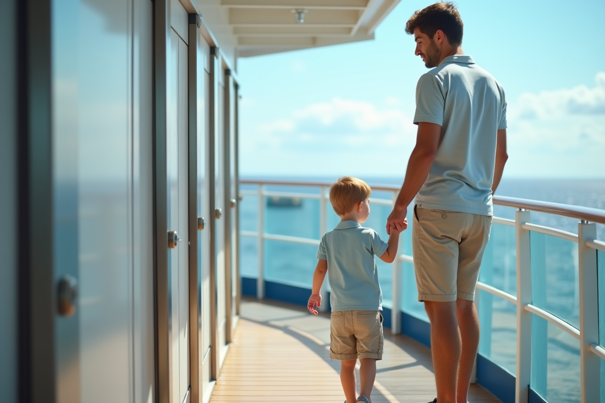 Père avec son enfant attendant près des toilettes extérieures du navire