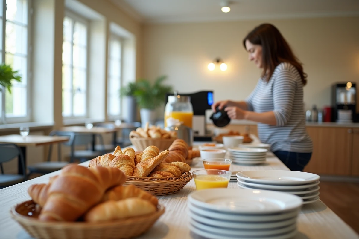 Buffet du petit-déjeuner typique d'un hôtel ibis avec croissants et café en salle à manger fonctionnelle et lumineuse