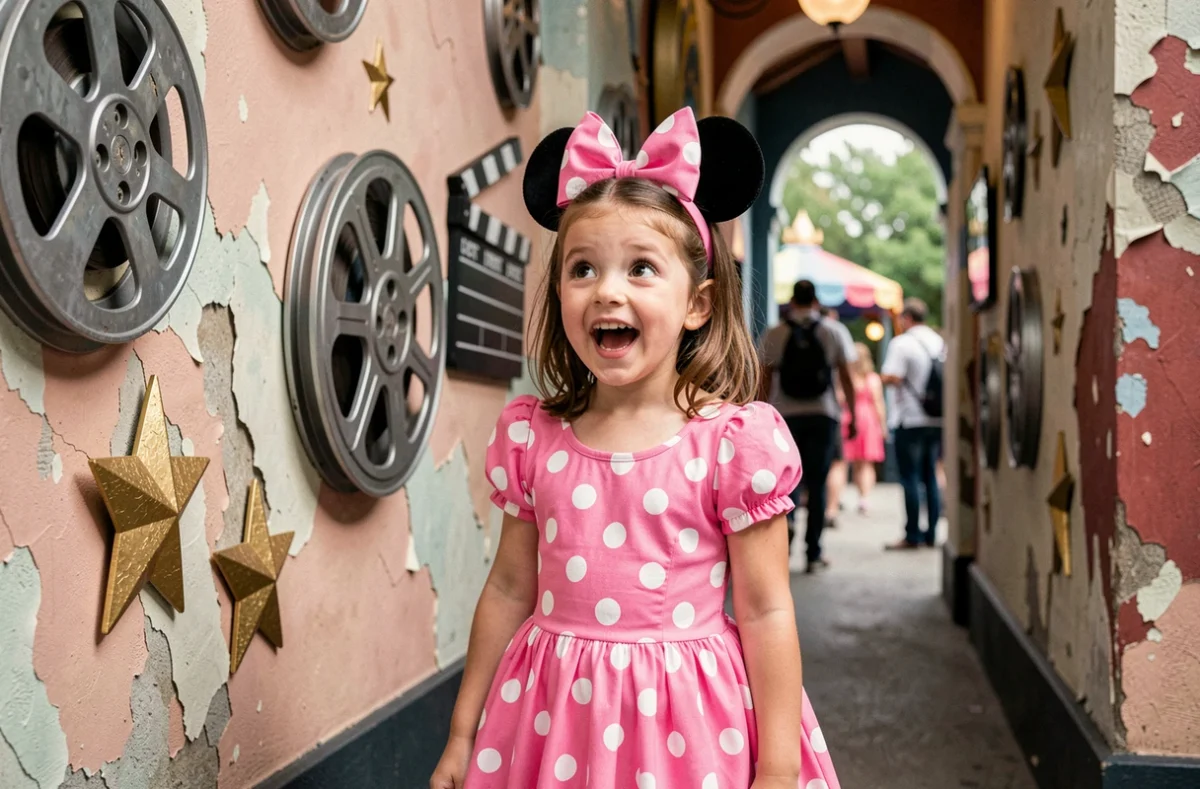 Petite fille en costume Minnie Mouse émerveillée devant une attraction du Parc Walt Disney Studios