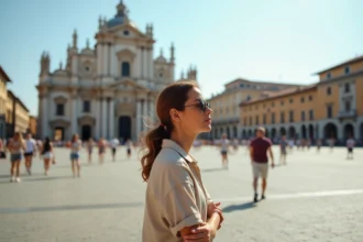 Femme touriste contemplant la basilique de San Francesco di Paola sur la Piazza del Plebiscito à Naples