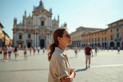 Femme touriste contemplant la basilique de San Francesco di Paola sur la Piazza del Plebiscito à Naples