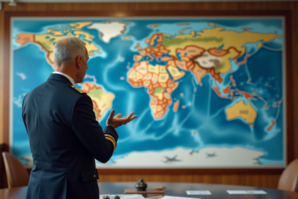Pilote d'avion en uniforme devant une carte du monde avec Antarctique