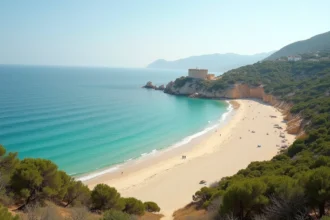 Vue panoramique de la plage de Fautea en Corse avec la tour génoise et les eaux turquoise au petit matin