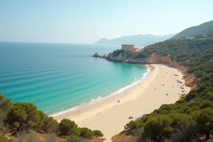Vue panoramique de la plage de Fautea en Corse avec la tour génoise et les eaux turquoise au petit matin