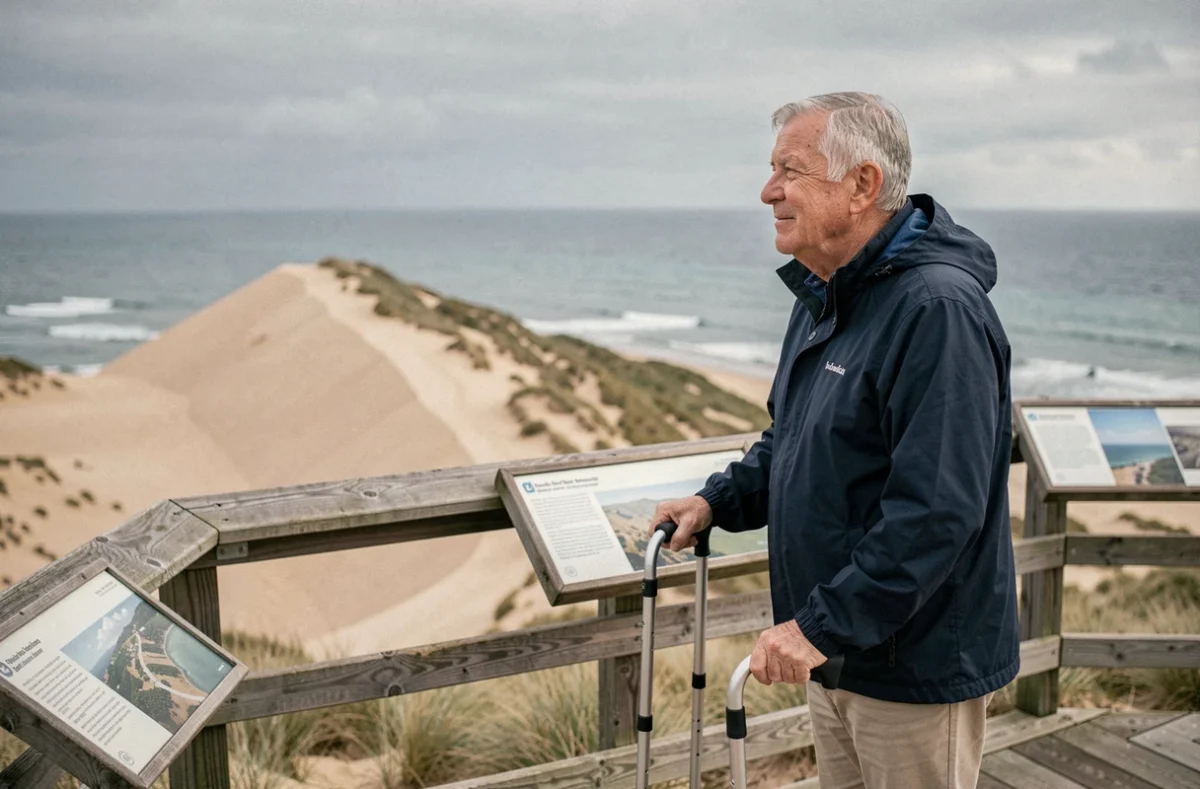 Homme senior avec canne sur une plateforme panoramique accessible offrant une vue sur la Dune du Pilat et l'océan Atlantique