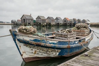 Bateau ostréicole traditionnel amarré dans le port d'Arcachon avec des cagettes d'huîtres sur le pont, reflets dans l'eau du Bassin