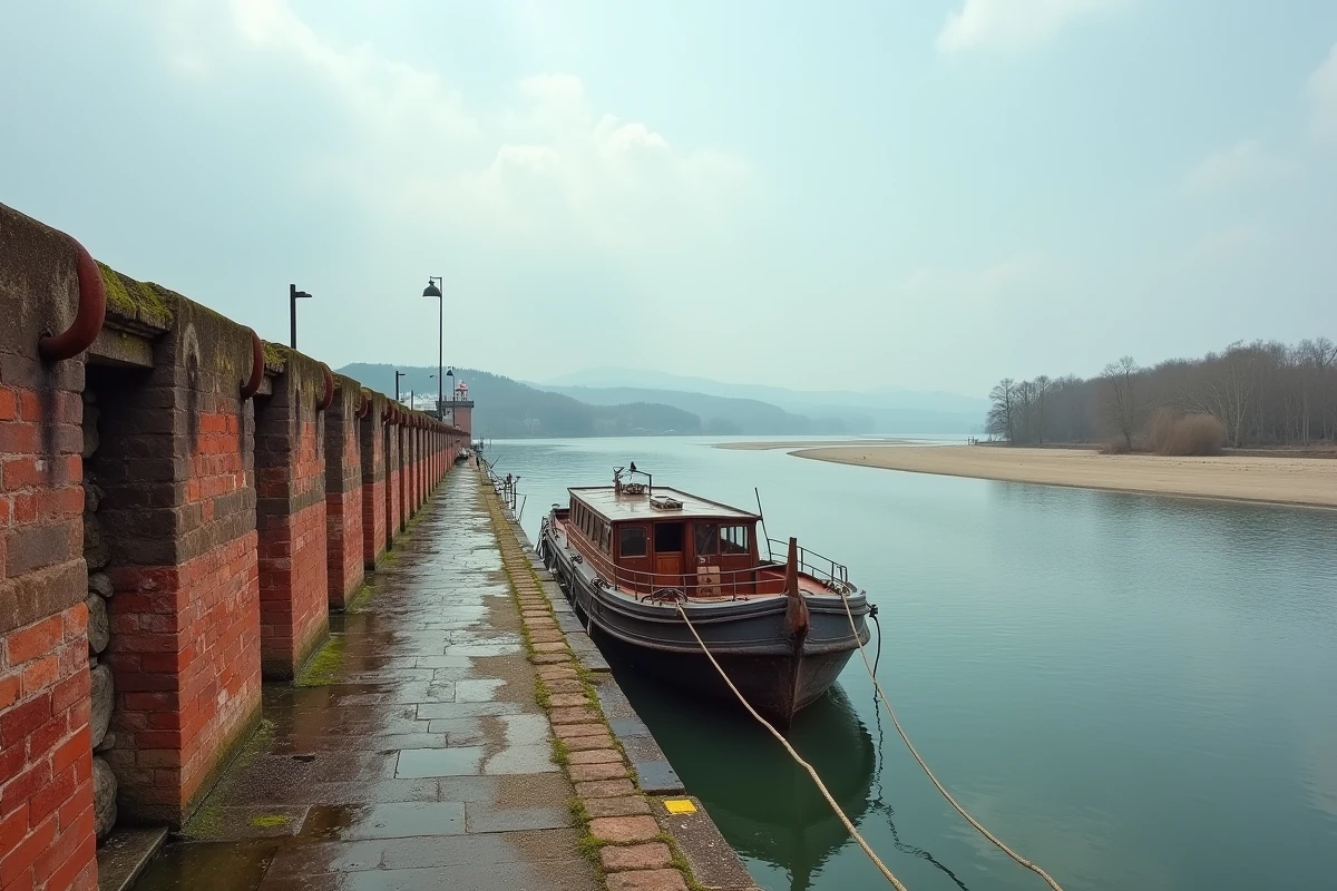 Port historique de Lauterbourg sur le Rhin avec quais en grès rouge et péniche amarrée, point le plus au nord de la France sur le fleuve