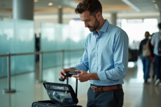 Homme préparant ses bagages à main à l'aéroport avec un rasoir électrique dans une trousse de toilette transparente réglementaire