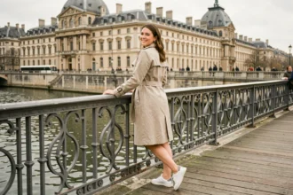 Femme souriante sur le Pont des Arts avec vue sur le Louvre lors d'une promenade à pied dans Paris
