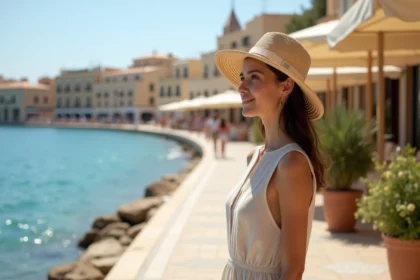 Jeune femme en linen et chapeau à Spinola Bay Malta