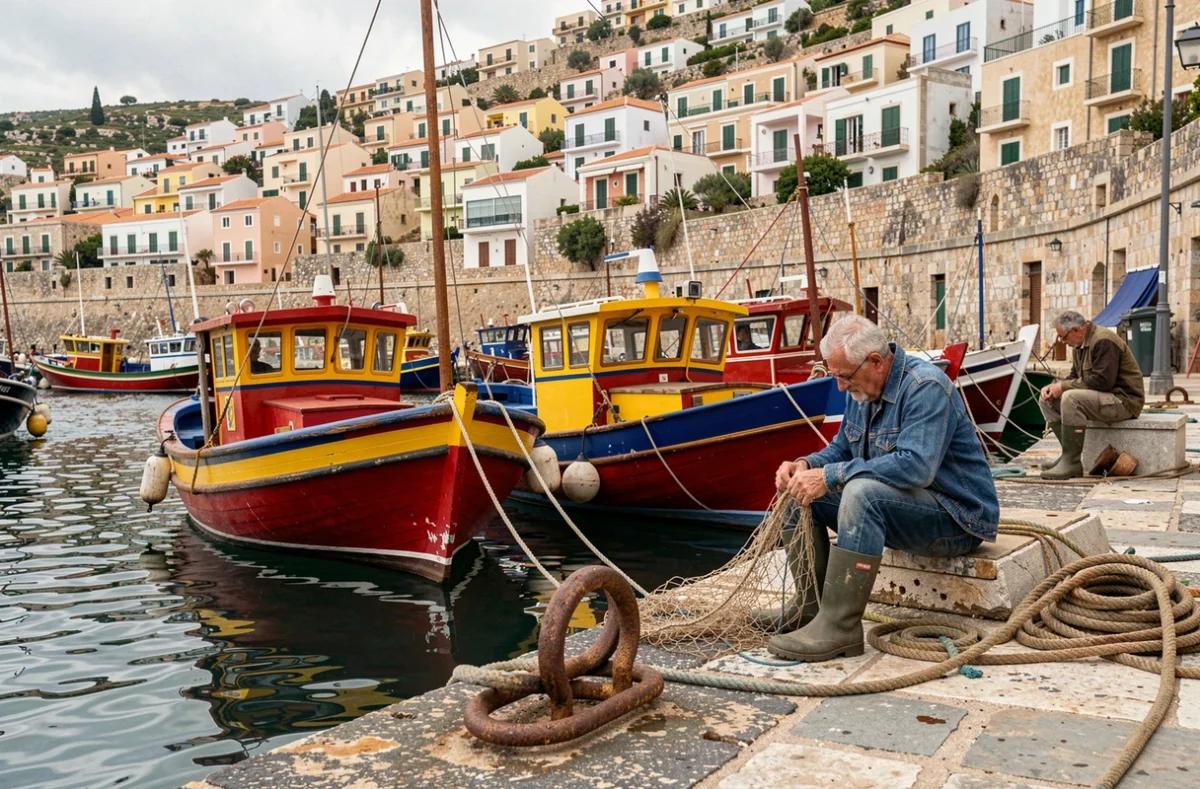 Pêcheurs locaux réparant leurs filets sur le quai caché de Senglea avec des bateaux luzzu colorés traditionnels