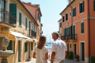 Couple consultant un plan de location saisonnière dans une ruelle côtière italienne avec façades colorées et vue sur la mer à Pise