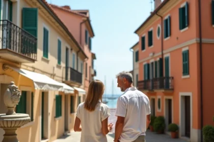 Couple consultant un plan de location saisonnière dans une ruelle côtière italienne avec façades colorées et vue sur la mer à Pise