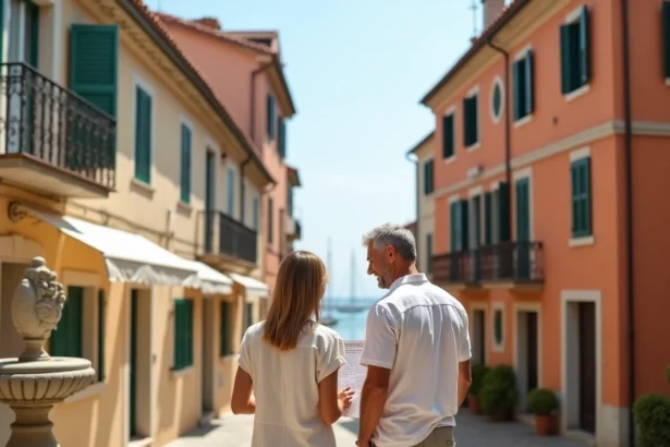 Couple consultant un plan de location saisonnière dans une ruelle côtière italienne avec façades colorées et vue sur la mer à Pise