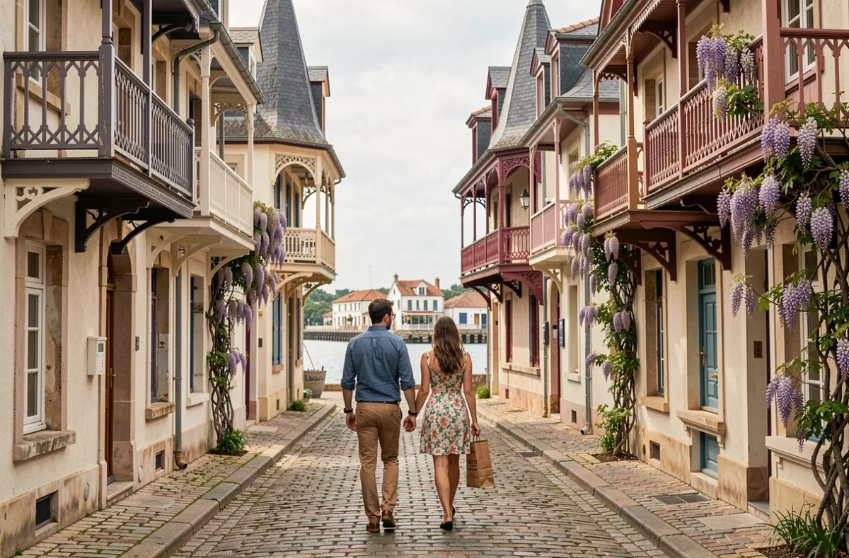 Couple se promenant dans une ruelle du quartier de la Villa d'Arcachon entourée de villas Belle Époque avec balcons en bois et glycines fleuries