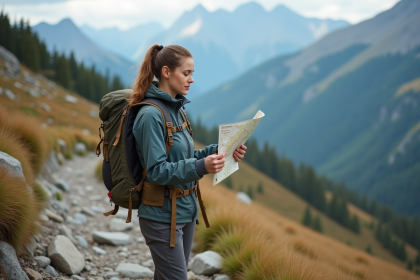 Jeune femme en randonnée avec carte sur un sentier de montagne