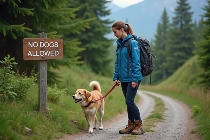 Jeune femme en randonnée avec chien et panneau interdit