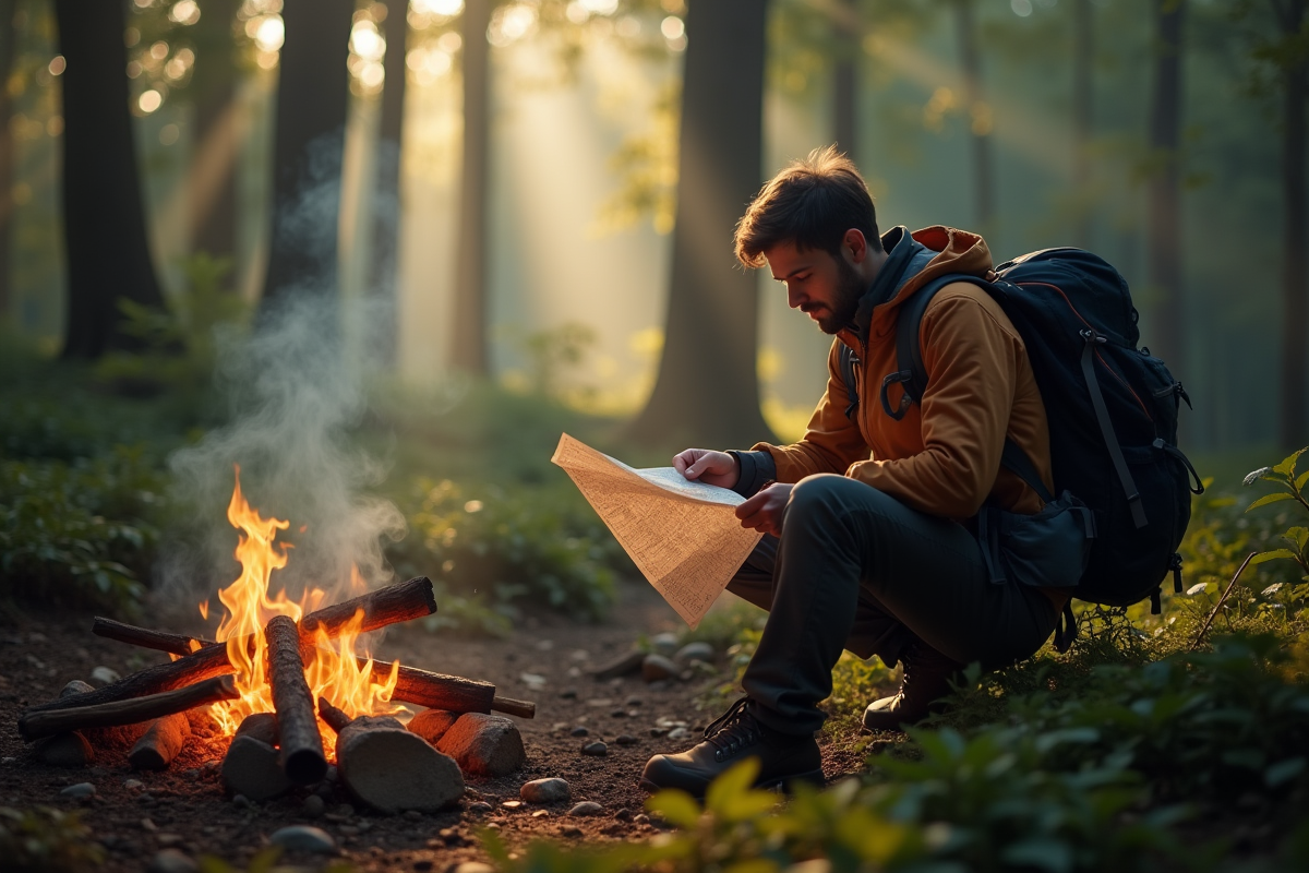 Randonneur lisant une carte près du feu dans la forêt