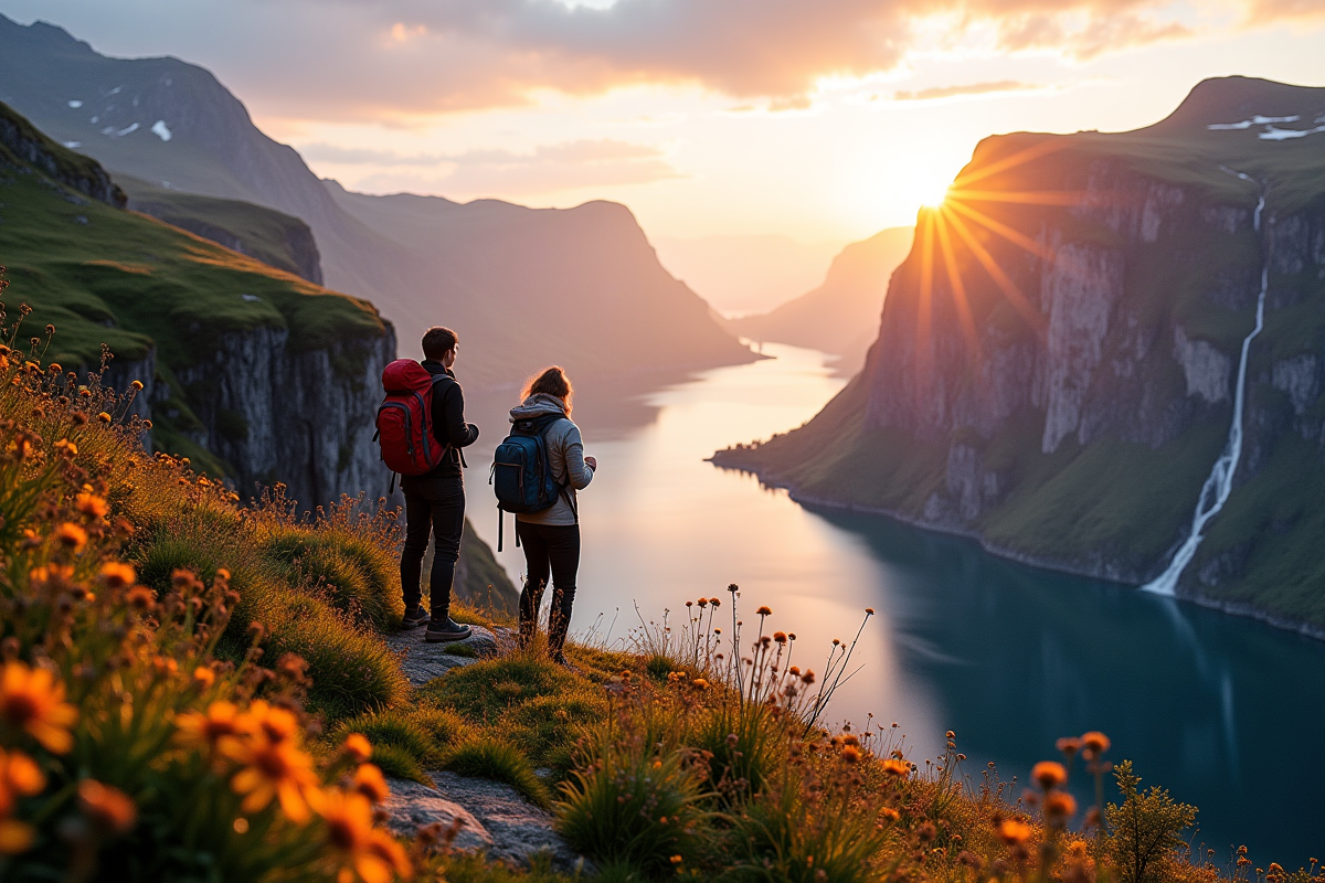 Deux randonneurs sur une falaise surplombant le fjord au lever du soleil