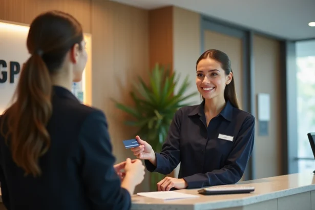 Réceptionniste d'hôtel ibis accueillant un client au comptoir lors du check-in